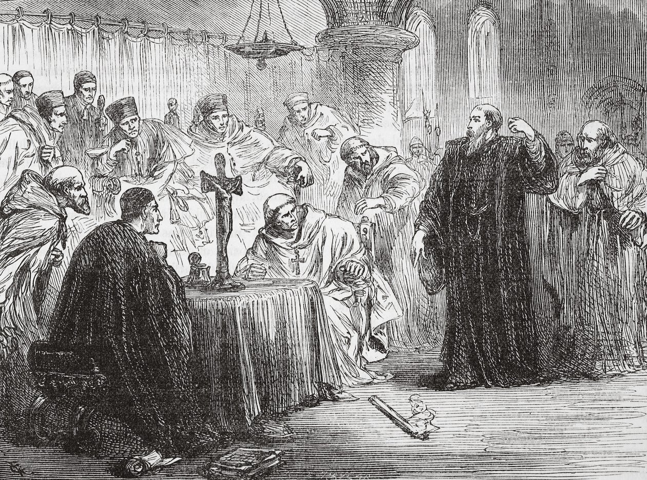 Mollio rzucający pochodnię przed Inkwizycją, ilustracja z Historii protestantyzmu Jamesa Aitkena Wylie (1808-1890), wyd. 1878 autorstwa English School