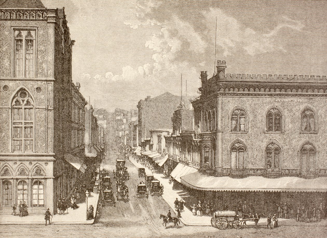 Montgomery Street, San Francisco, lata 80. XIX wieku (litho) autorstwa English School