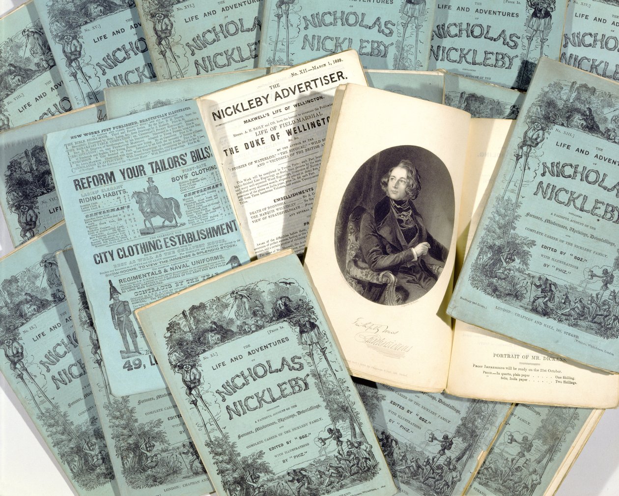 Miesięczne wydania The Life and Adventures of Nicholas Nickleby autorstwa Charlesa Dickensa (1812-70), opublikowane w 1839 (patrz 136076) autorstwa English School
