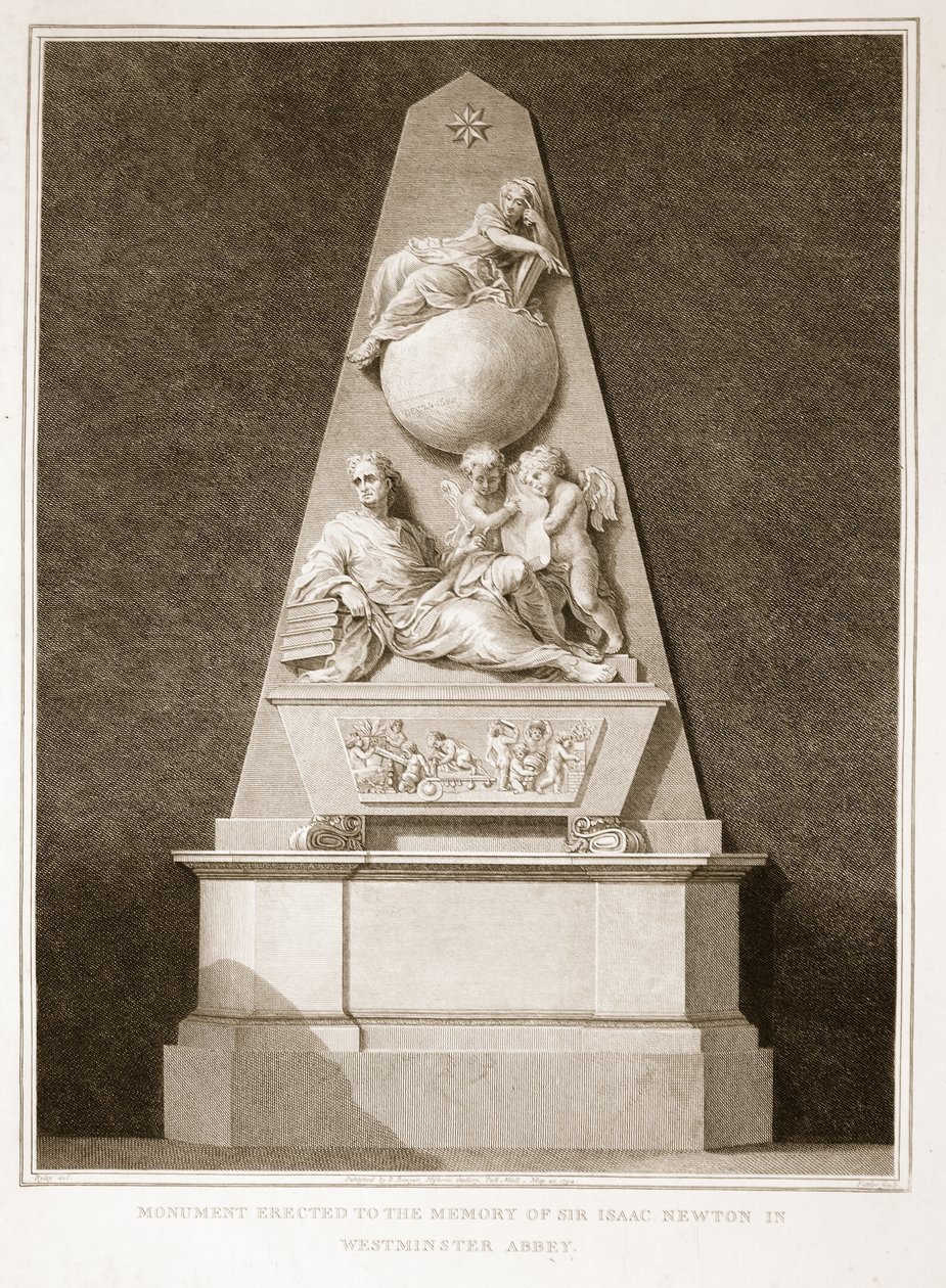 Pomnik wzniesiony ku pamięci Sir Isaaca Newtona w opactwie Westminster, ilustracja z David Humes The History of England, wyd. R. Bowyer, Londyn, 1812 r. autorstwa English School