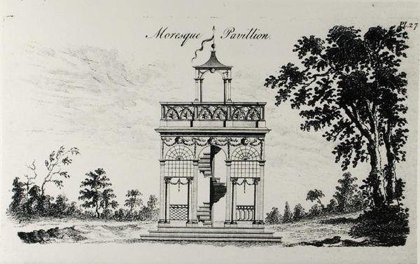 Pawilon Maurów, z „Grotesque Architecture, or Rural Amusement”, autorstwa Williama Wrighte, opublikowany 1767 (rycina) (zdjęcie czarno-białe) autorstwa English School