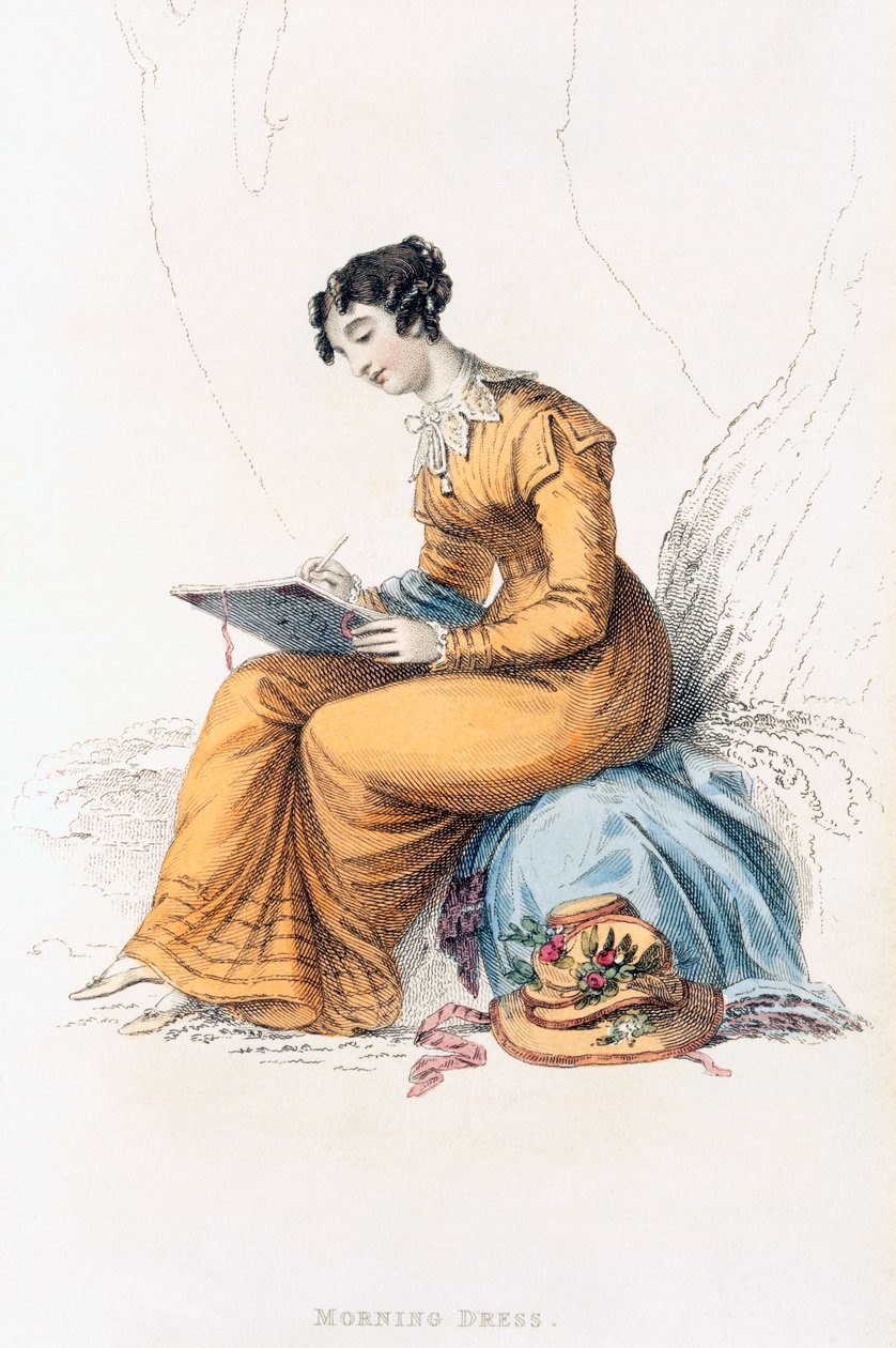 Sukienka poranna, talerz z modą z Ackermanns Repository of Arts autorstwa English School