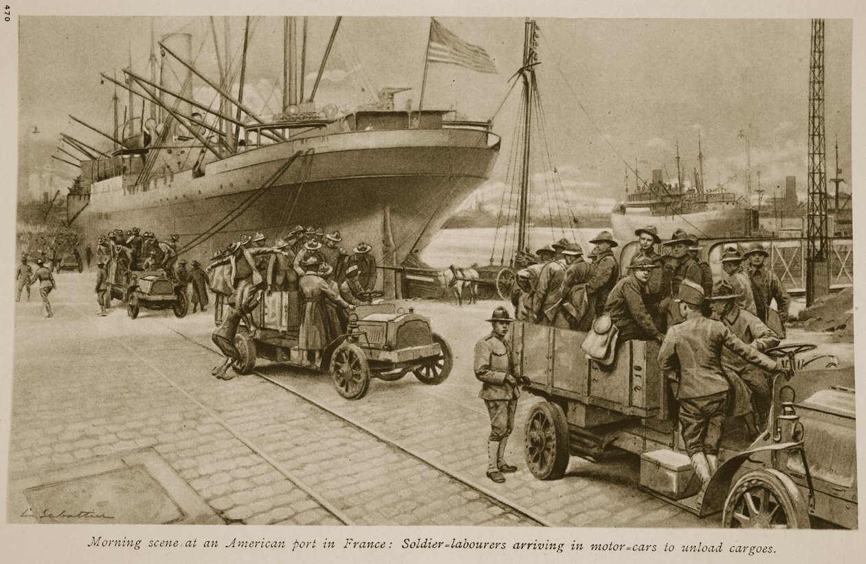 Poranna scena w amerykańskim porcie we Francji: robotnicy-żołnierze przybywający samochodami, by rozładowywać ładunki, 1914-19 autorstwa English School