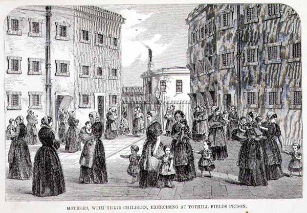 Matki z dziećmi ćwiczącymi w więzieniu Tothill Fields, z „The Criminal Prisons of London and Scenes of Prison Life” Henry