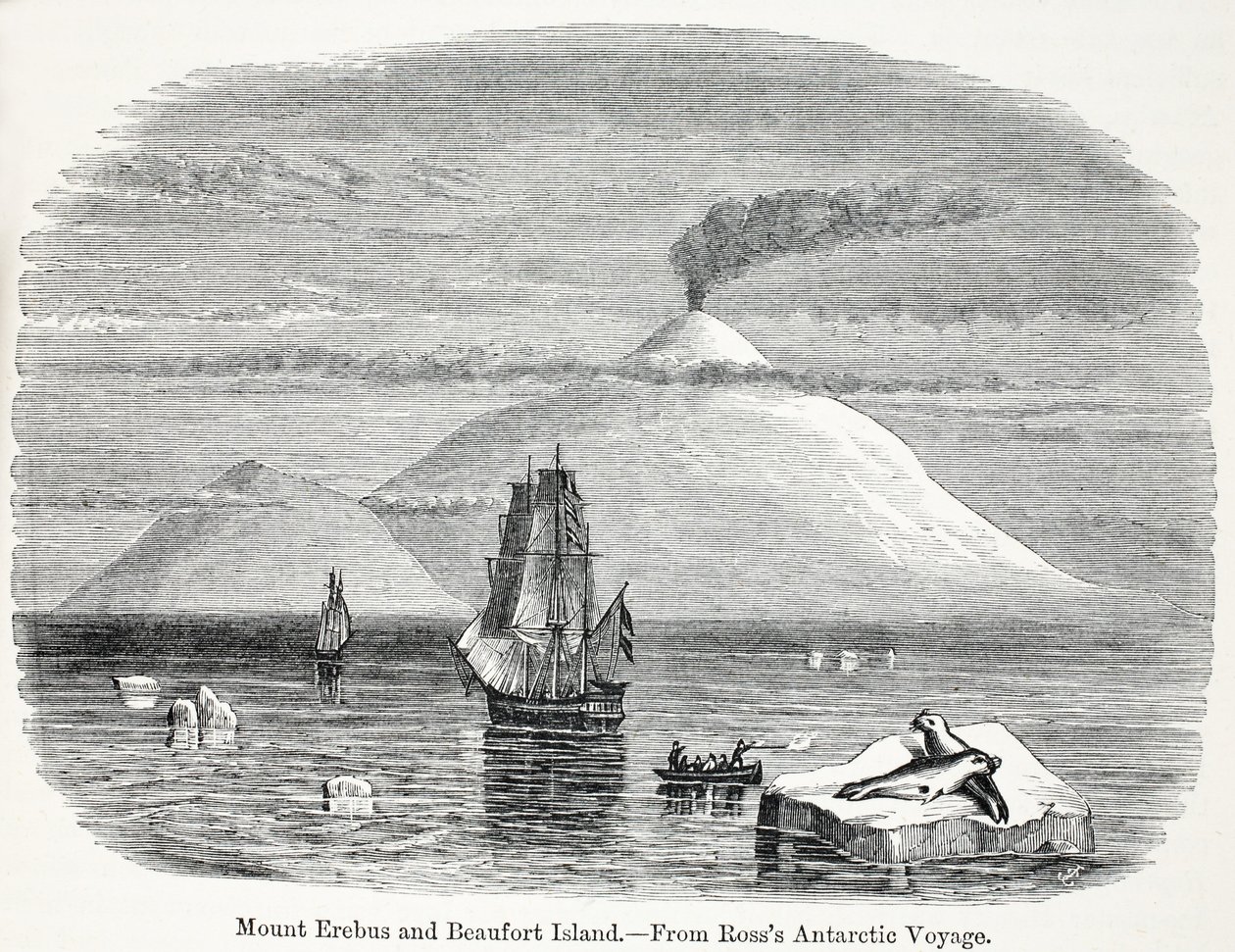 Góra Erebus i wyspa Beaufort z Rosss Antarctic Voyage autorstwa English School