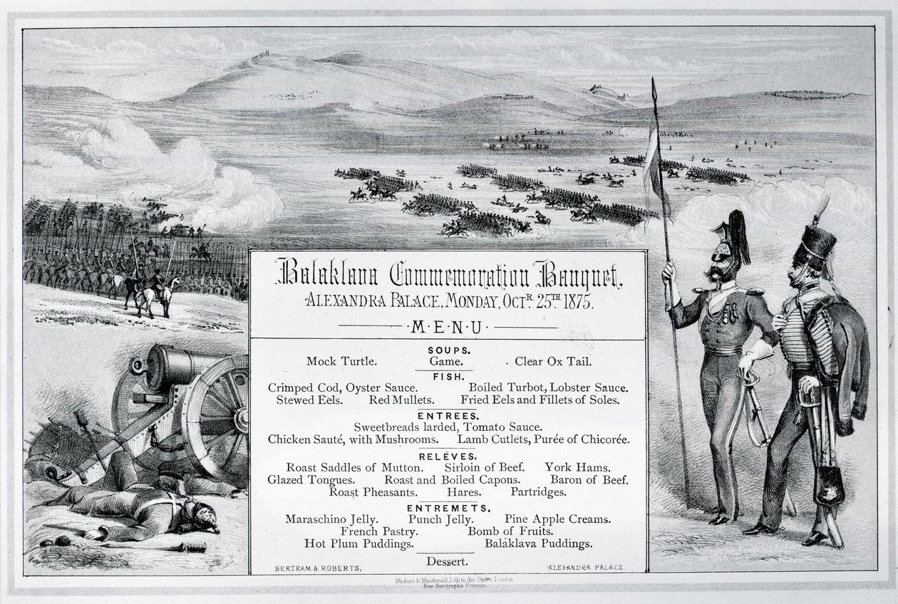 Zamontowane ilustrowane menu na bankiet upamiętniający Balaklava, który odbył się w Alexandra Palace, 25 października 1875 (rycina) autorstwa English School