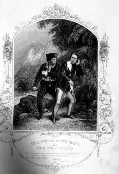 Pan A. Younge jako Stephano i Pan N. Hye jako Trinculo, Akt III, scena 2, w Burzy Williama Szekspira (1564-1616) rycina G. Greatbacha z dagerotypu J.P. Mayalla (1810-1901) (ryta) autorstwa English School