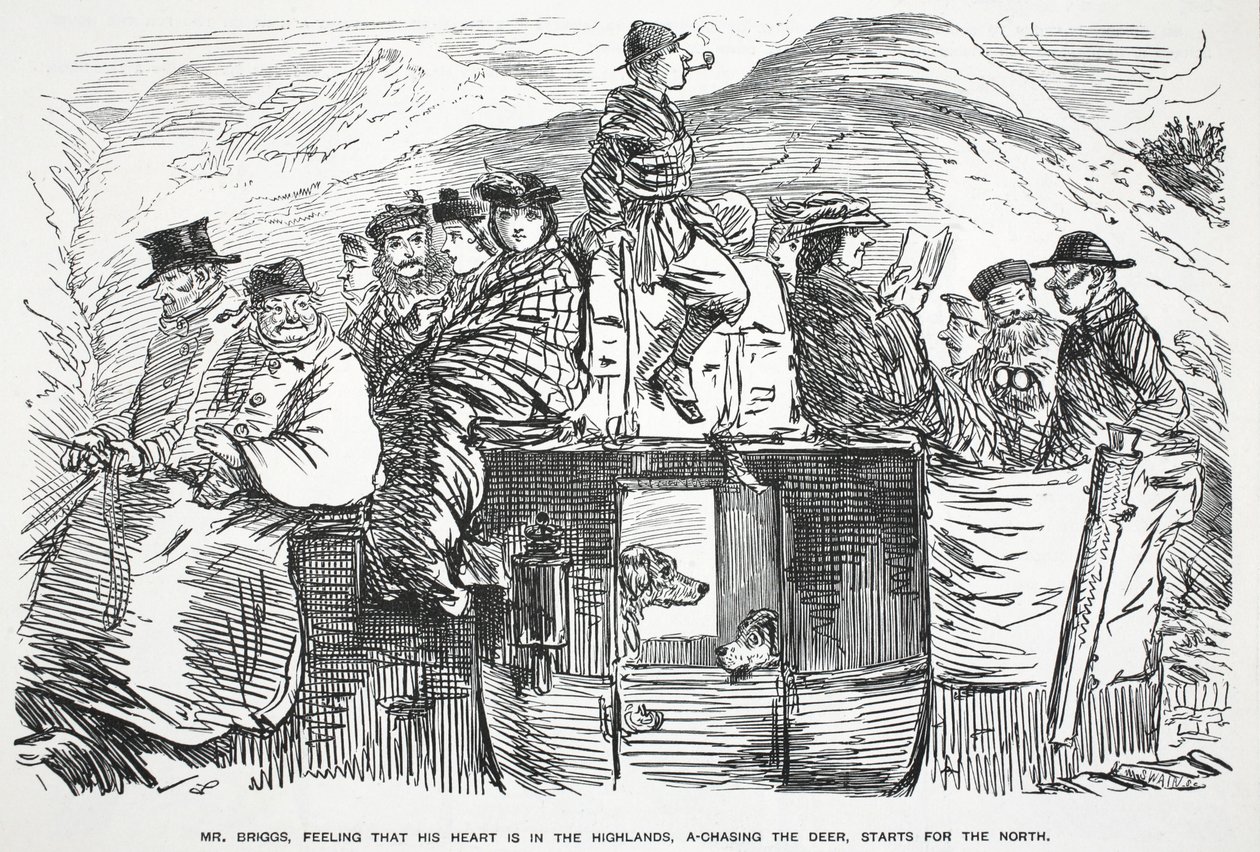 Pan Briggs czując, że jego serce jest w Highlands, goni jelenia, rusza na północ, ilustracja z Punch autorstwa English School