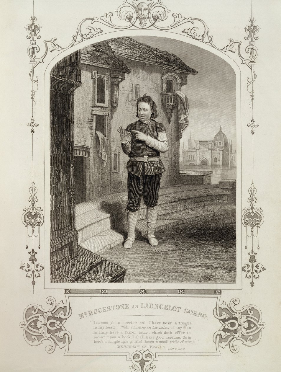 Pan Buckstone jako Lancelot Gobbo, Akt II, scena 2, w Kupiec wenecki Williama Szekspira (1564-1616) autorstwa English School