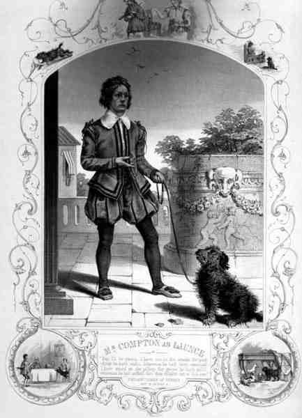 Pan Compton jako Lance, akt IV, scena II, w Dwóch dżentelmenów z Werony, William Shakespeare (1564-1616) (rycina) autorstwa English School