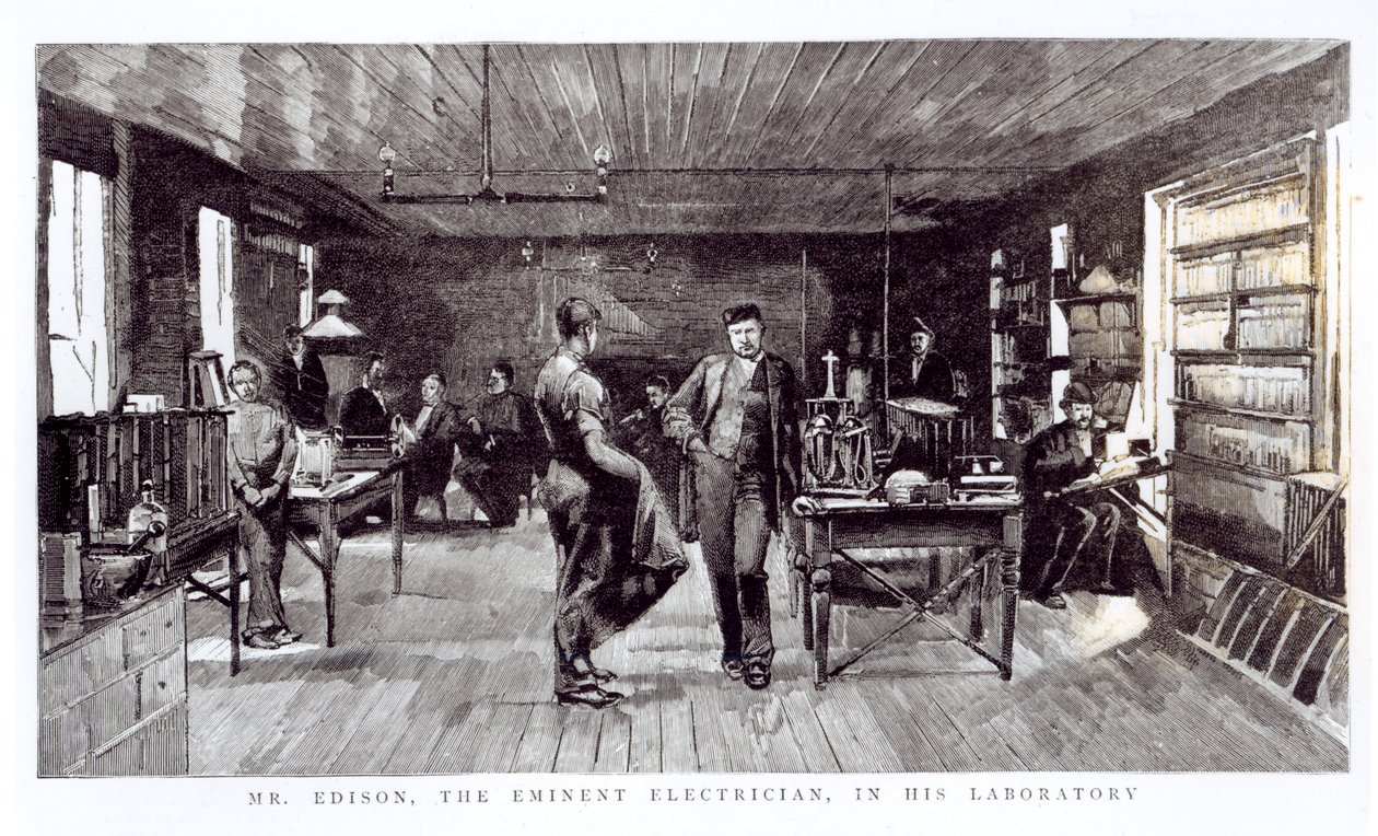 Pan Edison (1847-1931), wybitny elektryk, w swoim laboratorium autorstwa English School