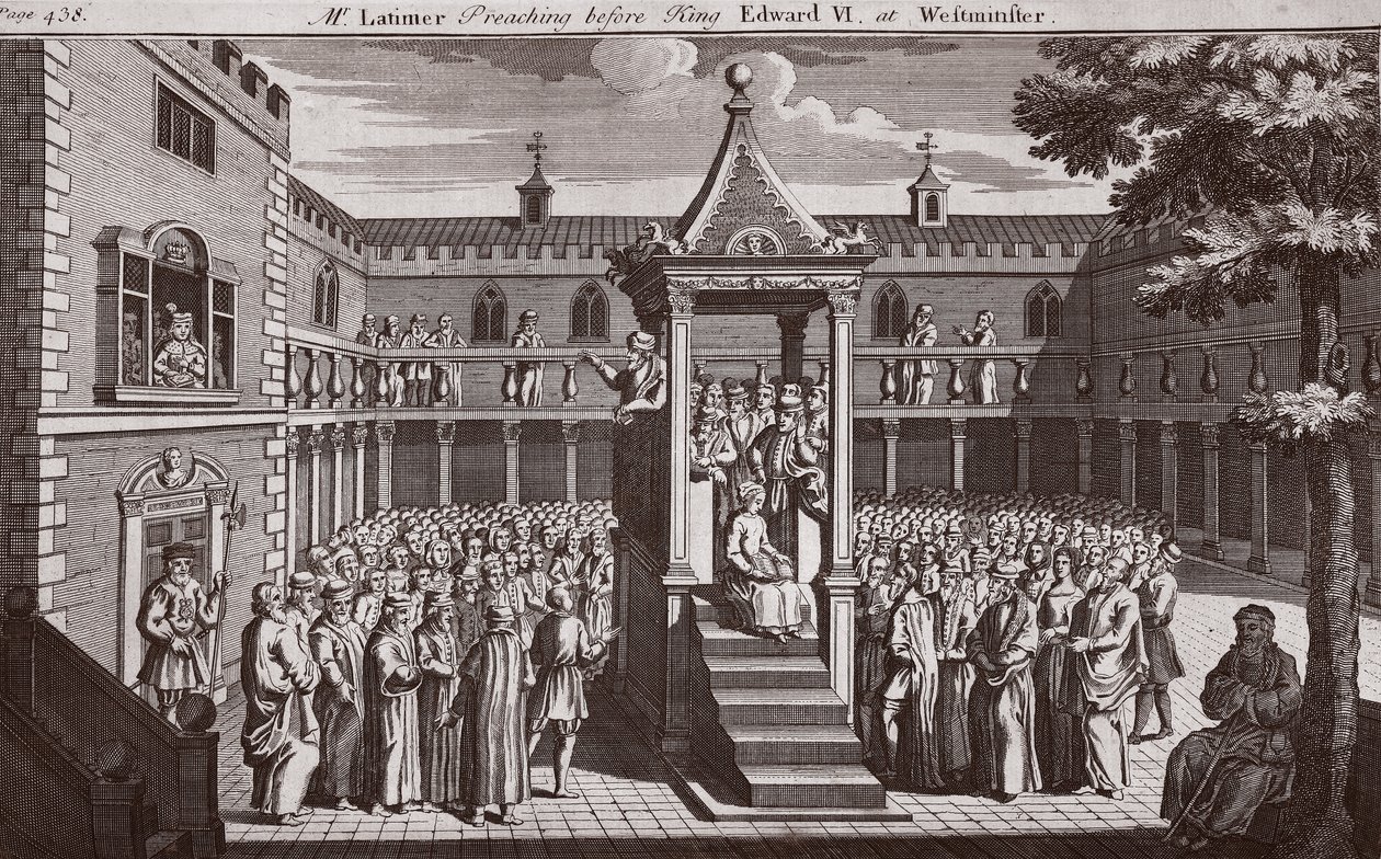 Pan Latimer przemawiający przed królem Edwardem VI w Westminster, ilustracja z Foxes Martyrs c.1703 autorstwa English School