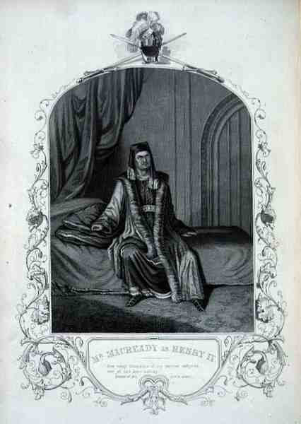 Pan Macready jako Henryk IV, akt III, scena 1, w Henryk IV autorstwa Williama Szekspira (1564-1616) (rycina) autorstwa English School