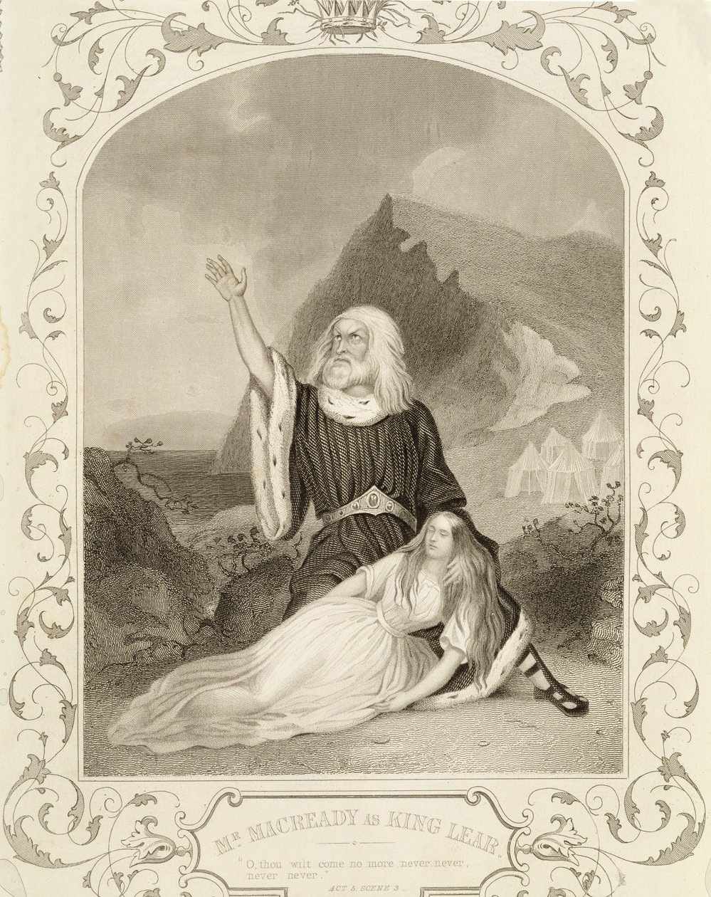 Pan Macready jako Król Lear, akt V, scena 3, w sztuce Williama Szekspira (1564-1616) autorstwa English School
