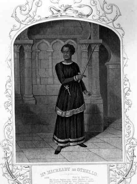 Pan Macready jako Otello, akt II, scena 3, w sztuce Williama Szekspira (1564-1616) (rycina) autorstwa English School
