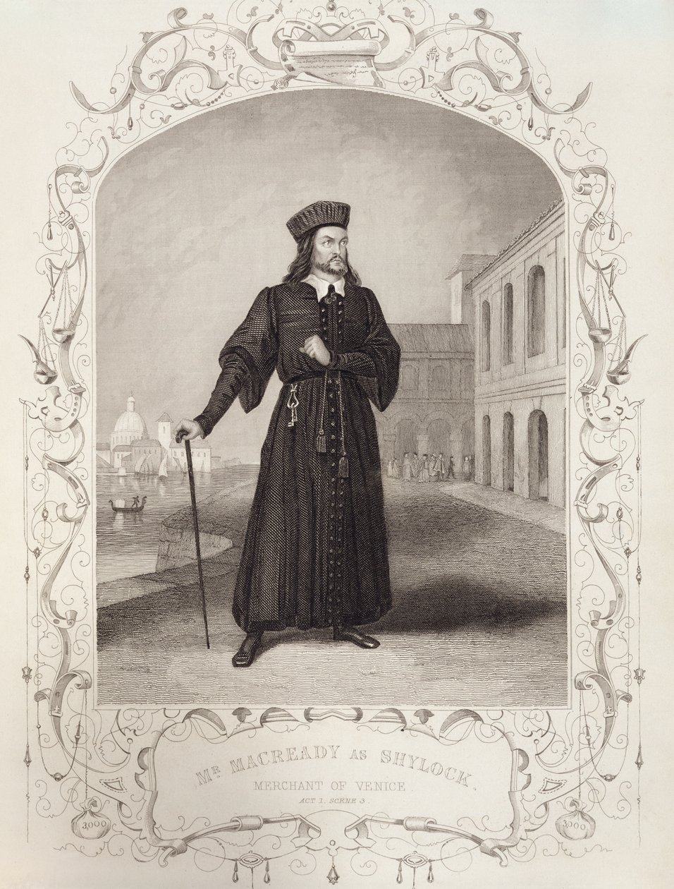 Pan Macready jako Shylock, Akt I, scena 3, w Kupiec wenecki Williama Szekspira (1564-1616) autorstwa English School