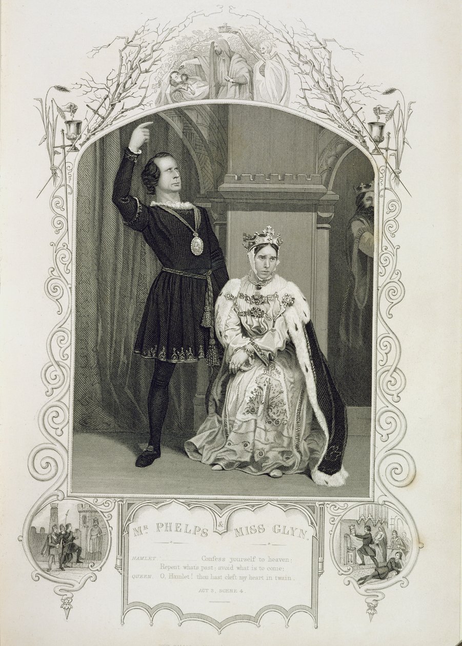 Pan Phelps jako Hamlet i Miss Glyn jako Królowa Gertruda, Akt III Scena 4, w Hamlecie Williama Szekspira (1564-1616) autorstwa English School