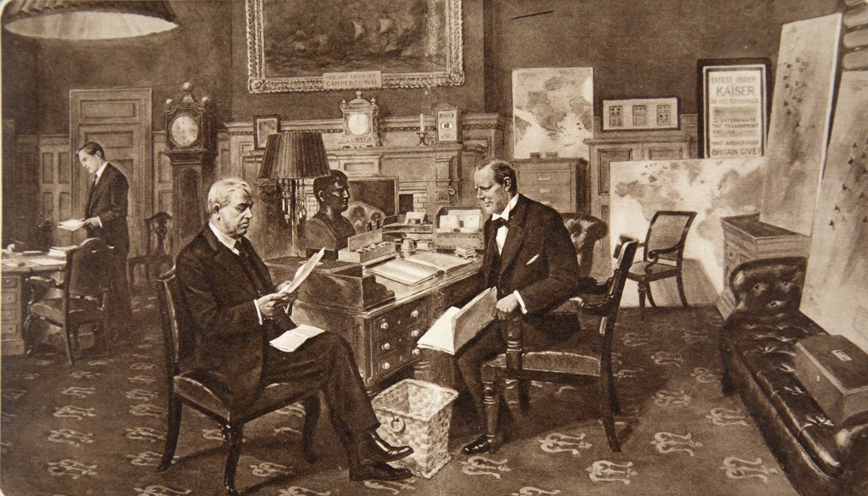 Pan Winston Churchill w swoim pokoju w Admiralicji, w porozumieniu z admirałem lorda floty Fisher z Kilverstone, z The Illustrated London News, 19 grudnia 1914 (fotograwiura) autorstwa English School