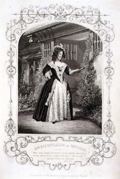 Pani Fitzwilliam jako pani Page, akt II, scena 1, w „Wesołych kumoszkach z Windsoru” Williama Szekspira (1564-1616) grawerowanych przez Thomasa Sherratta (fl.1860-80) z dagerotypu JP Mayalla (1810-1901) ( rytownictwo) autorstwa English School