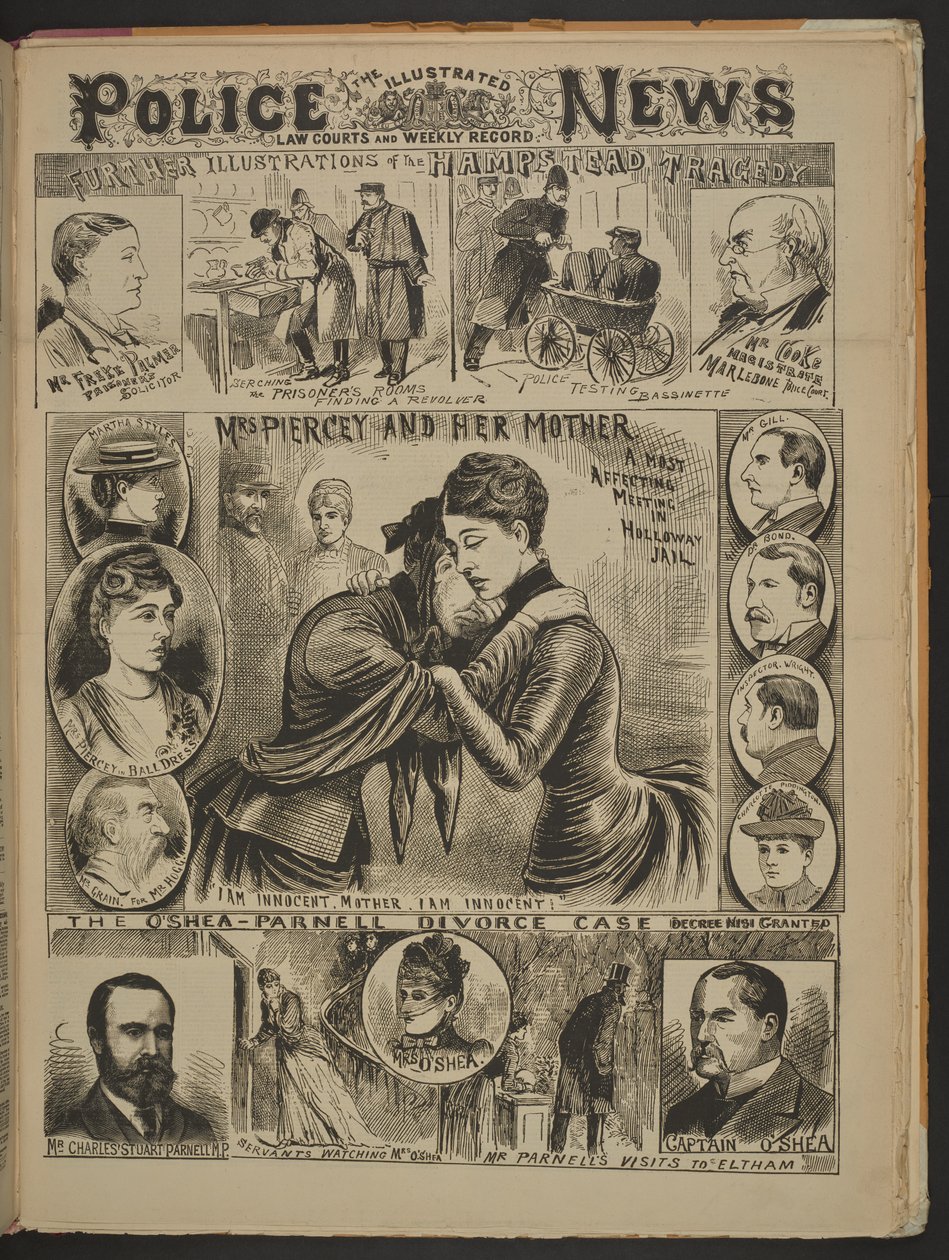 "Pani Piercey i jej matka. Bardzo serdeczne spotkanie w więzieniu Holloway. Jestem niewinna, matko. Jestem niewinny", Ilustrowane Wiadomości Policyjne, 22 listopada 1890 r. (papier gazetowy) autorstwa English School