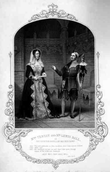 Pani Ternan jako hrabina Roussillon i pan Lewis Ball jako jej klaun, akt I, scena 3, w Wszystko dobre, co się dobrze kończy Williama Szekspira (1564-1616) wyryte przez D. Pounda z dagerotypu Paine
