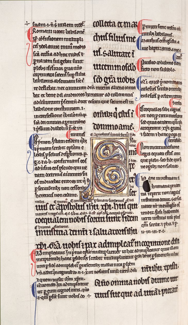 Ms.27, f.109v: Strona z glosowanej kopii Nowego Testamentu (welum) autorstwa English School