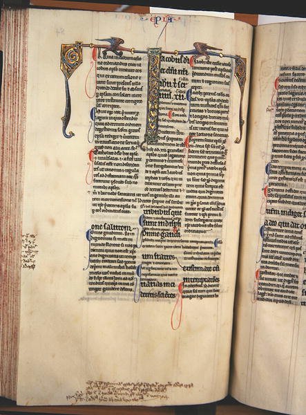 Ms.27, f.84v: Strona z glosowanej kopii Nowego Testamentu (welum) autorstwa English School