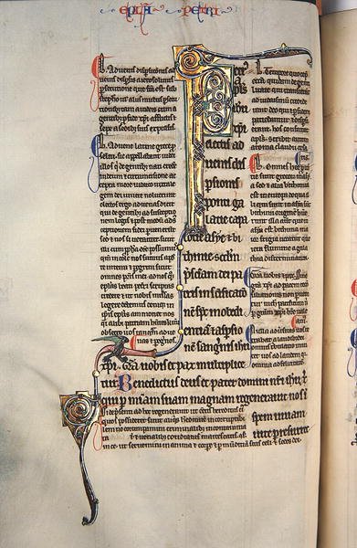 Ms.27, f.97v: Strona z glosowanej kopii Nowego Testamentu (welum) autorstwa English School