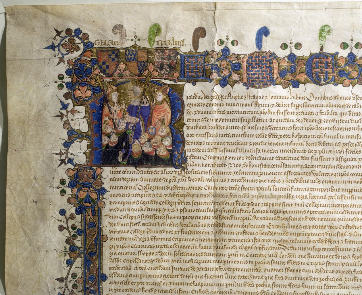 Ms.29410 Historyczny inicjał R przedstawiający pomniejszych kanoników katedry św. Pawła, szczegół z Królewskiej Karty Inkorporacyjnej autorstwa English School