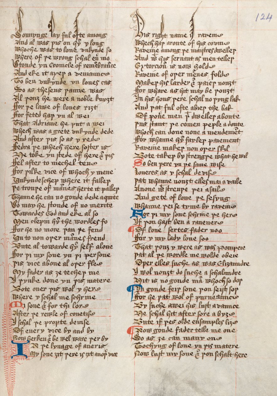 Ms326 f124r, Confessio Amantis autorstwa Johna Gowera (pióro i atrament na welinie) autorstwa English School