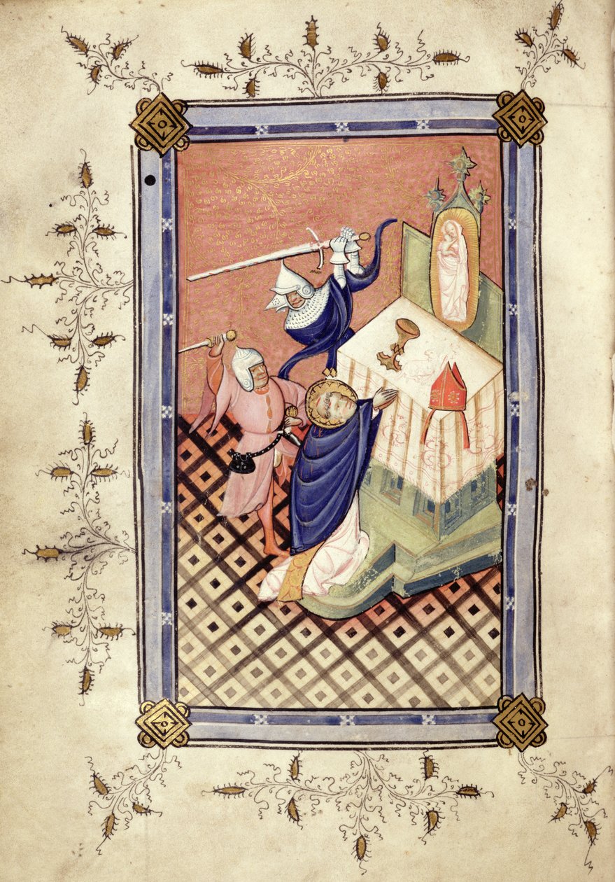 Ms.49 f.18v św. Tomasz z Canterbury (ok.1118-70) zaatakowany przez dwóch rycerzy, Horae, ok.1420-30 autorstwa English School