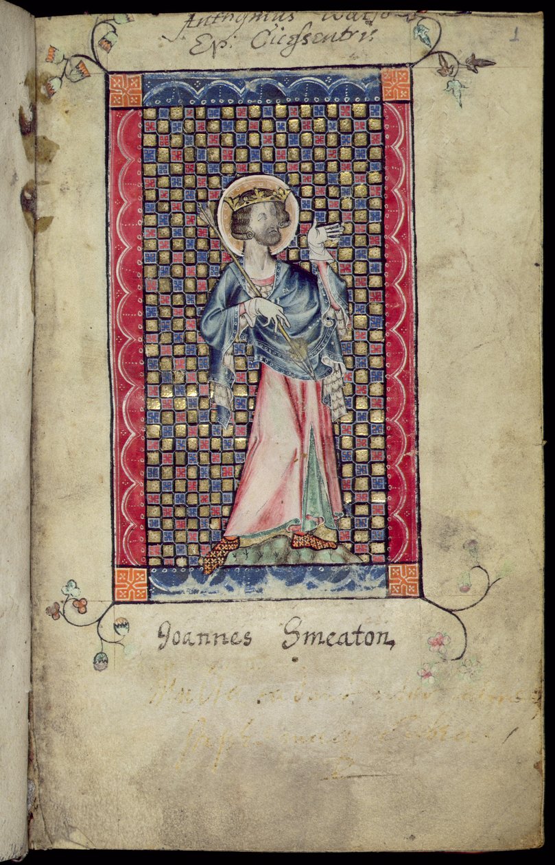 Ms 1-2005, f.1r: St. Edmund, miniatura z psałterza Macclesfield, Use of Sarum, East Anglia, c.1330 autorstwa English School