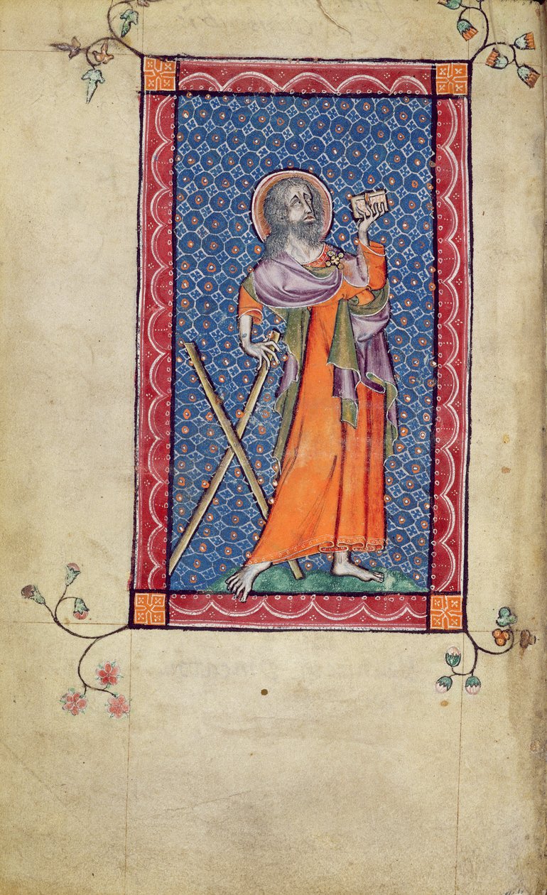 Ms 1-2005, f.1v: St. Andrew, miniatura z psałterza Macclesfield, Use of Sarum, East Anglia, c.1330 autorstwa English School
