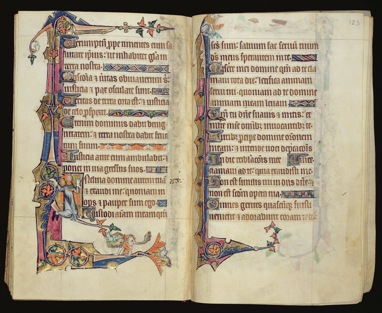Ms 1-2005, ff.122v-123r: Groteskowa dekoracja brzeżna z Psałterza Macclesfielda, Use of Sarum, East Anglia, c.1330 autorstwa English School