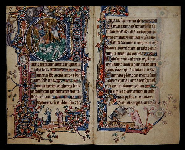 Ms 1-2005, ff.139v-140r: The annunciation to the Shepherds, historyczna inicjał „A” z Macclesfield Psalter, Use of Sarum, East Anglia, c.1330 (welum) autorstwa English School