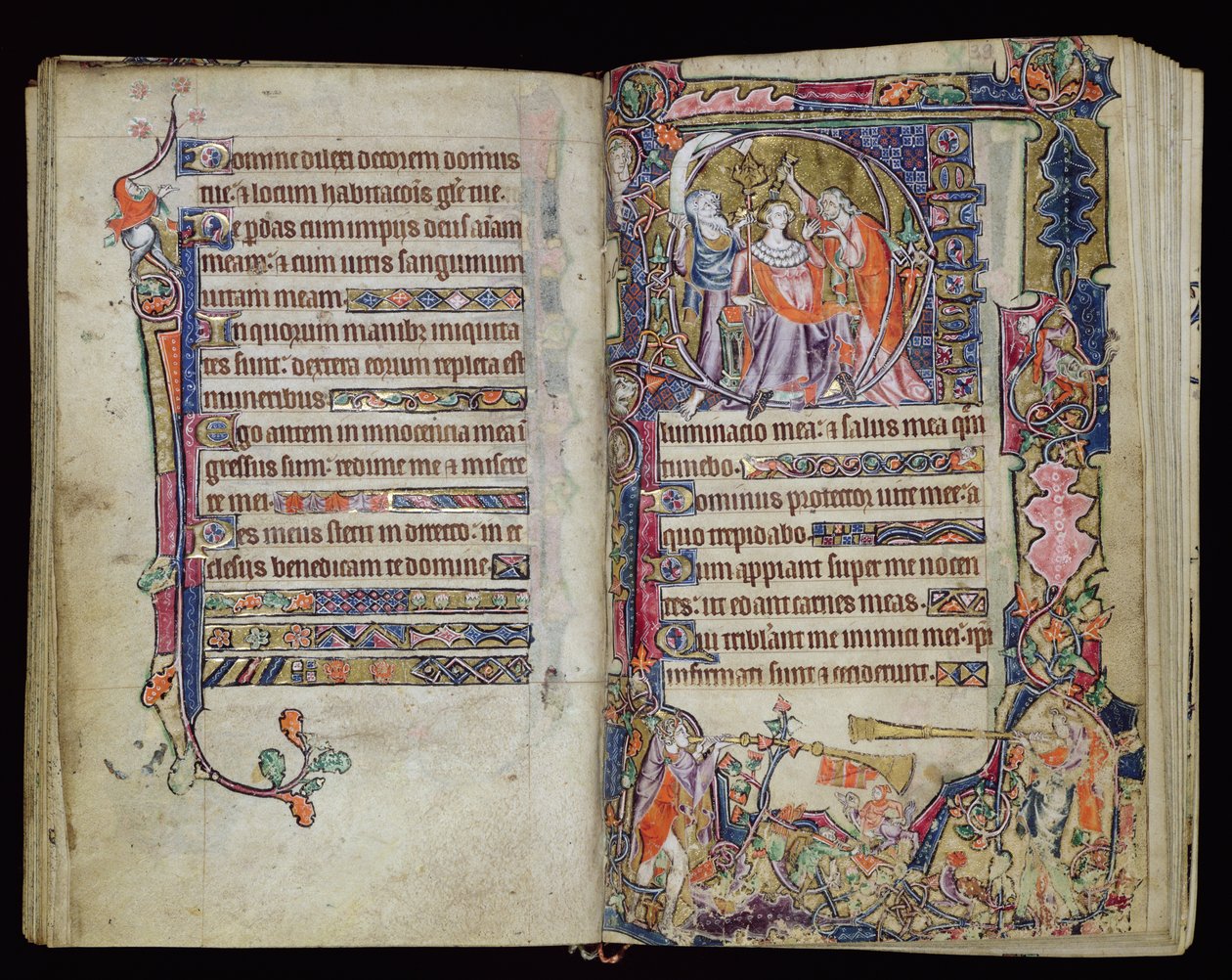 Ms 1-2005, ff.38v-39r: The Namaszczenie Dawida, historyczna inicjał D z Psałterza Macclesfielda, Use of Sarum, East Anglia, c.1330 autorstwa English School