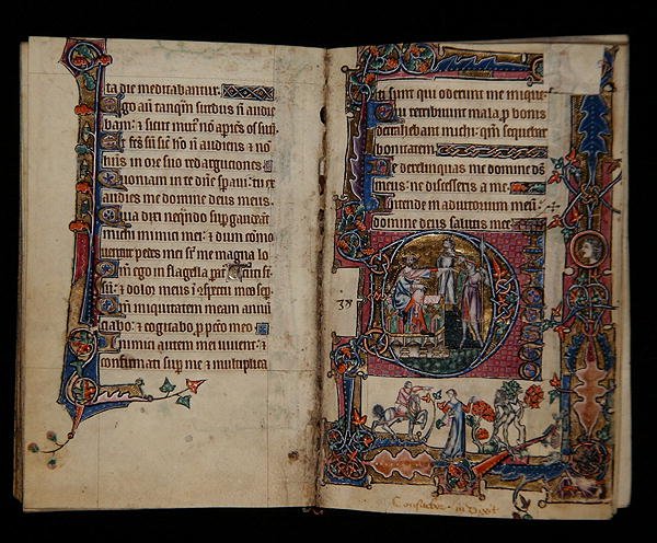 Ms 1-2005, ff.57v-58r: Saul wysyłający Doega, by zabił kapłanów Noba, historyczny inicjał z Psałterza Macclesfielda, Use of Sarum, East Anglia, c.1330 (welum) autorstwa English School