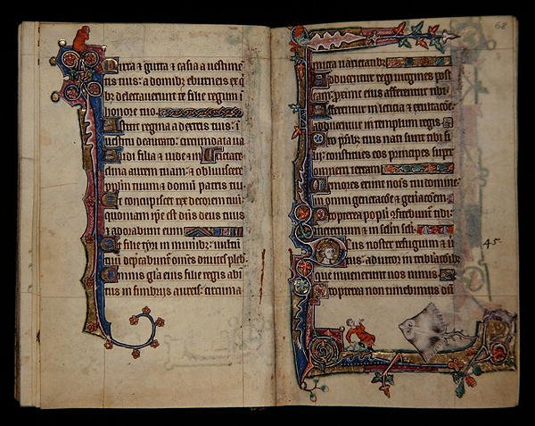 Ms 1-2005, ff.67v-68r: Giant Skate zaskakuje człowieka, dekoracja graniczna z psałterza Macclesfield, Use of Sarum, East Anglia, c.1330 (welum) autorstwa English School