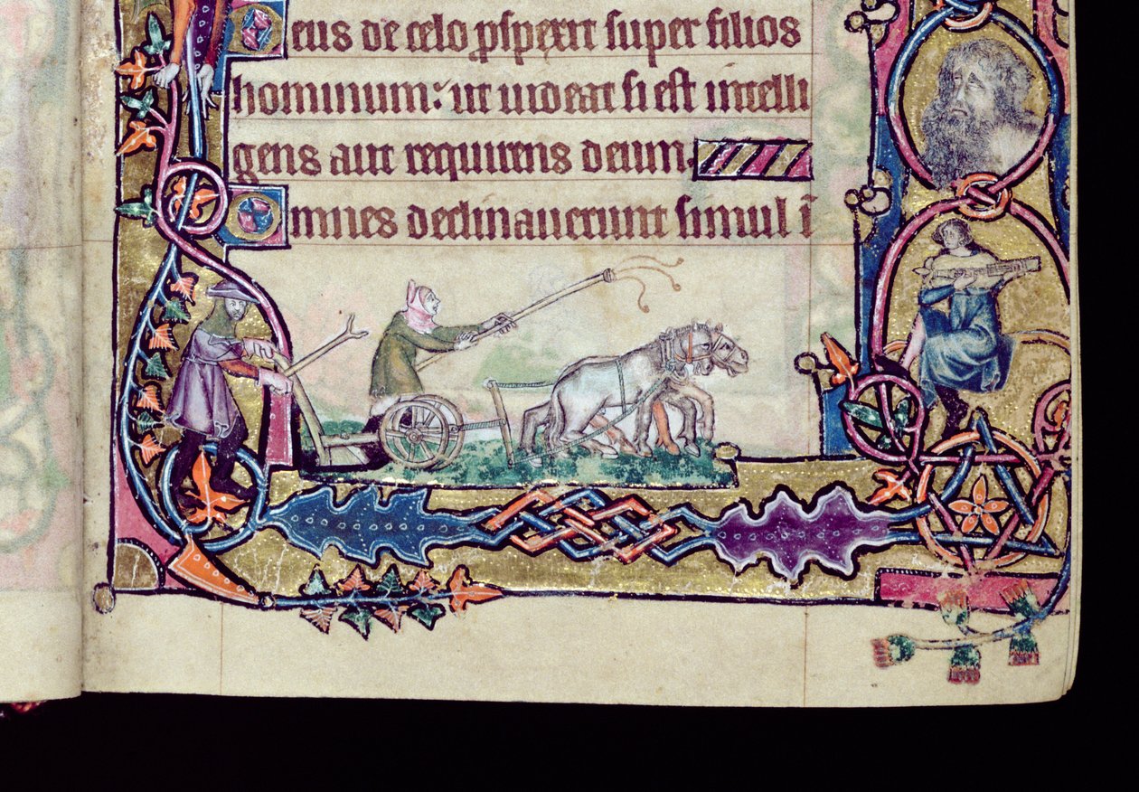 Ms 1-2005, ff.76v-77r: David i głupiec, historyczny wstęp z Psałterza Macclesfielda, Use of Sarum, East Anglia, c.1330 (wellum) (szczegóły z 276994) autorstwa English School