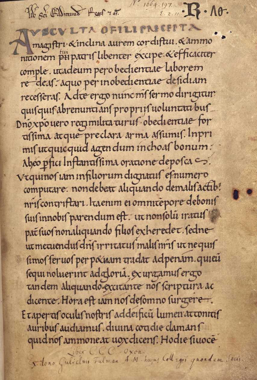 Ms 197 f.1r Reguła św. Benedykta autorstwa English School