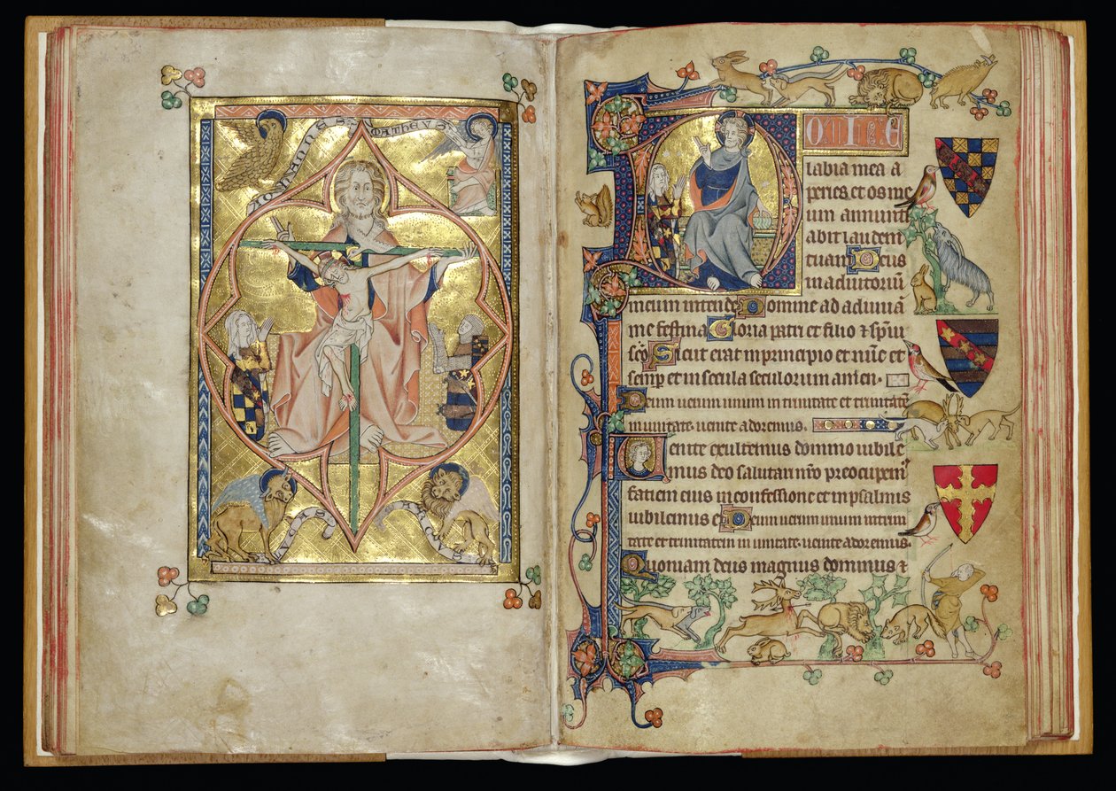 Ms 242 ff.28v-29r Trójca i tron miłosierdzia w historycznym inicjale D, z Godzin Packham-Clifford, Use of Sarum, c.1314-31 (złoty liść i tempera na pergaminie) autorstwa English School