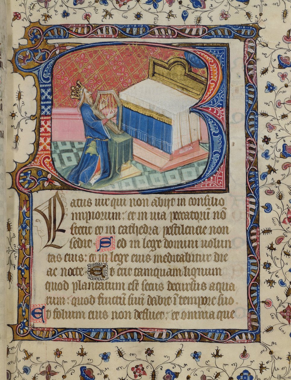 Ms 24 f.13 r. Psalm 1, David Harping, z psałterza Knightleya, ok. 1380 autorstwa English School