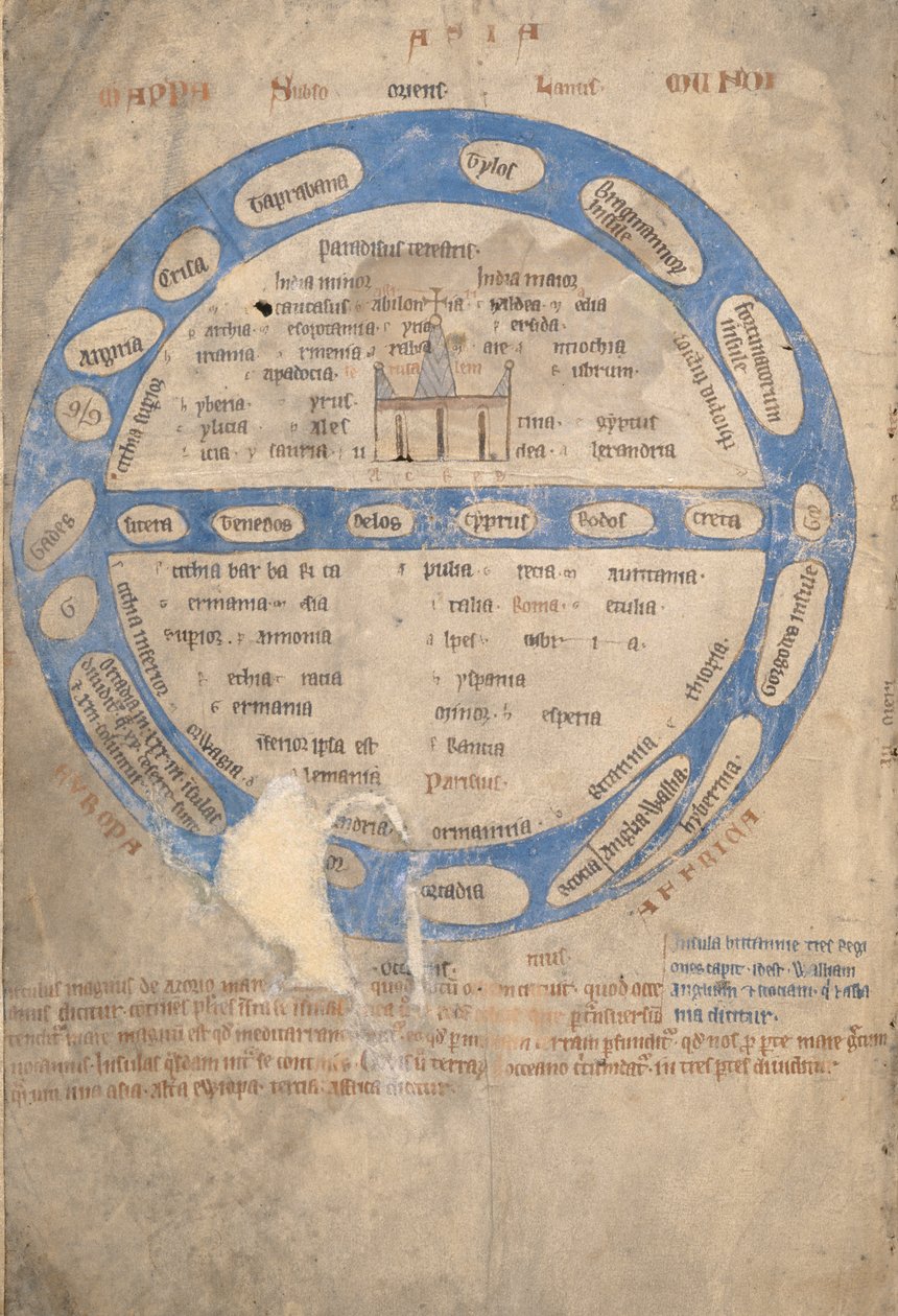 Ms 254, f.1v: Mappa Mundi, z Bestiariusza, ok. 1200-30 autorstwa English School
