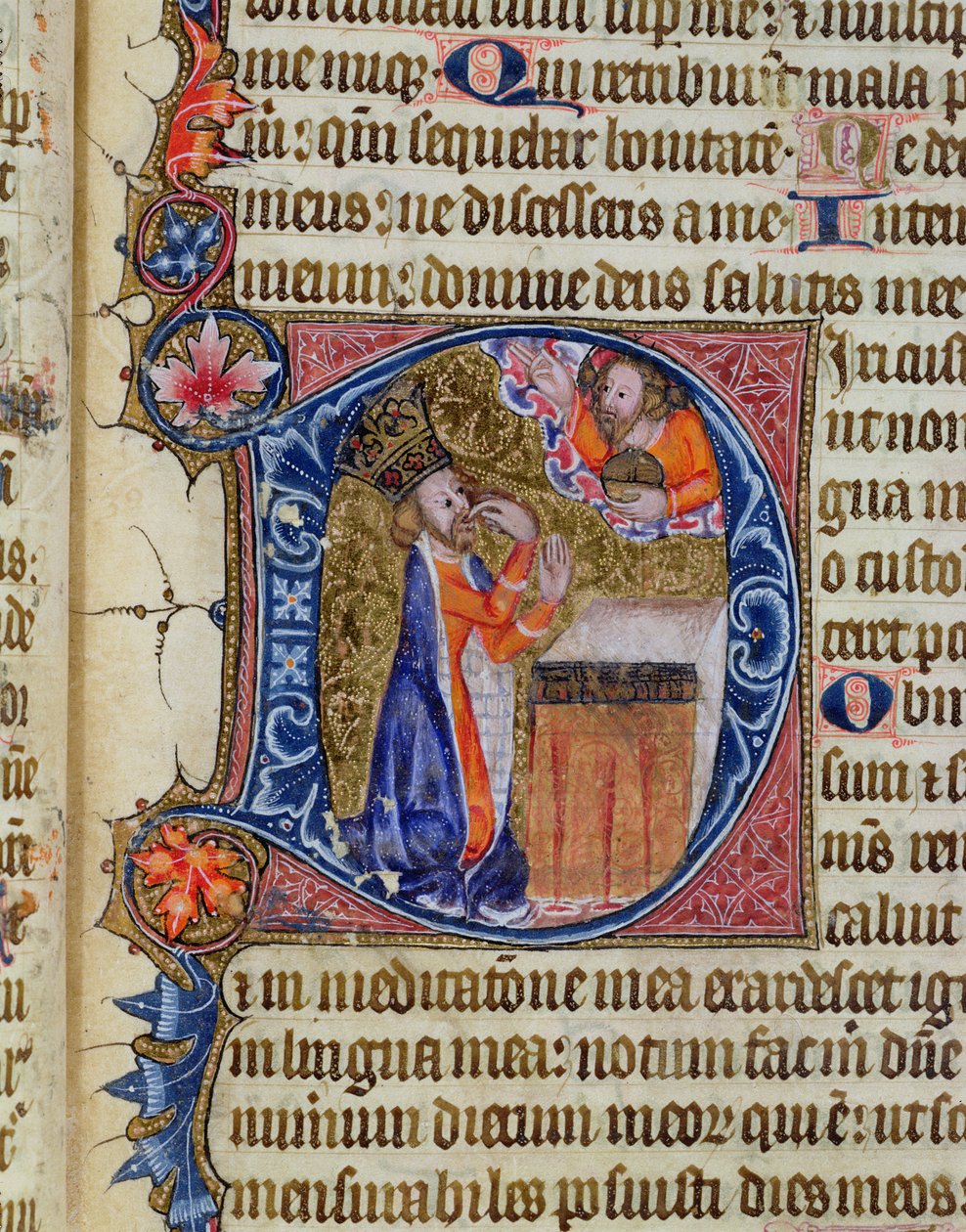 p. 26 f.22r. Psalm 38, Dawid wskazujący na usta, z psałterza opactwa Ramsey, ok. 1380 autorstwa English School