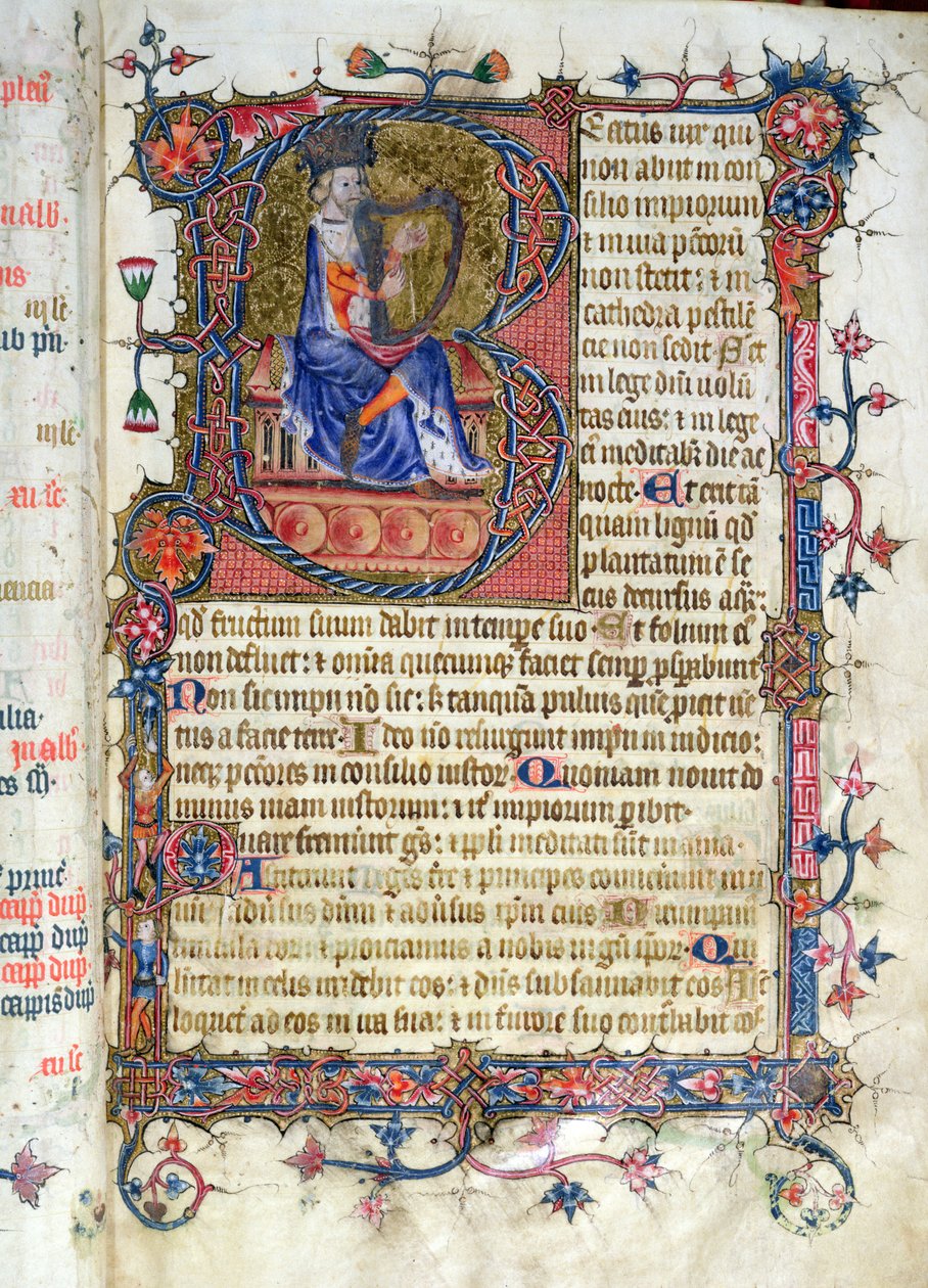 Pani 26 fol.7r. Psalm 1, harfa Dawida, z psałterza opactwa Ramsey, ok. 1380 autorstwa English School