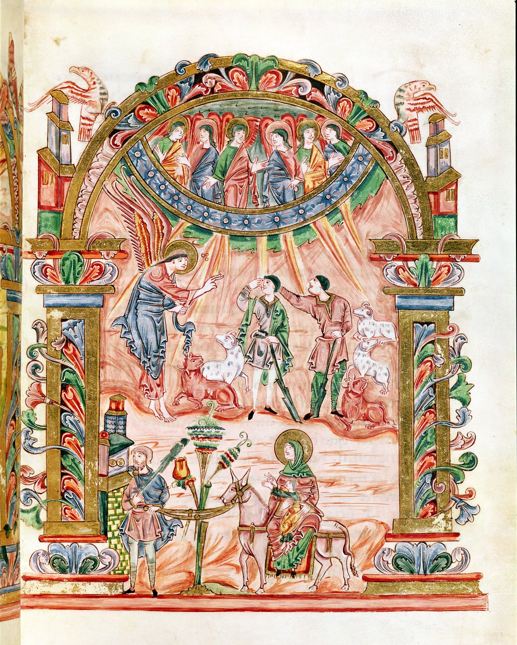 Ms 274 (Y-6) k.33 Zwiastowanie pasterzom i ucieczka do Egiptu, z Mszału Roberta z Jumieges, c.1016 autorstwa English School
