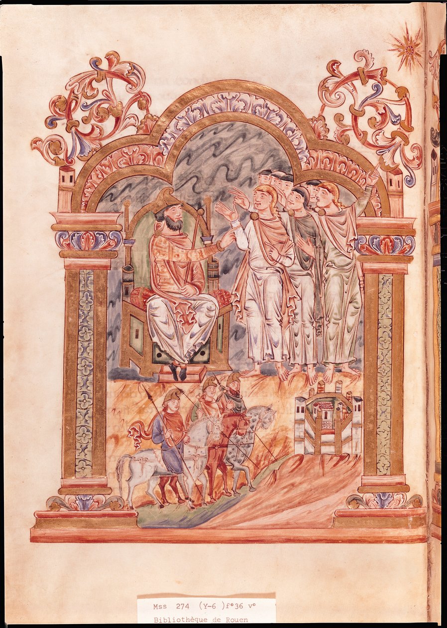 Ms 274 (Y-6) fol.36v Mędrcy odwiedzający króla Heroda, z Mszału Roberta z Jumieges, c.1016 autorstwa English School