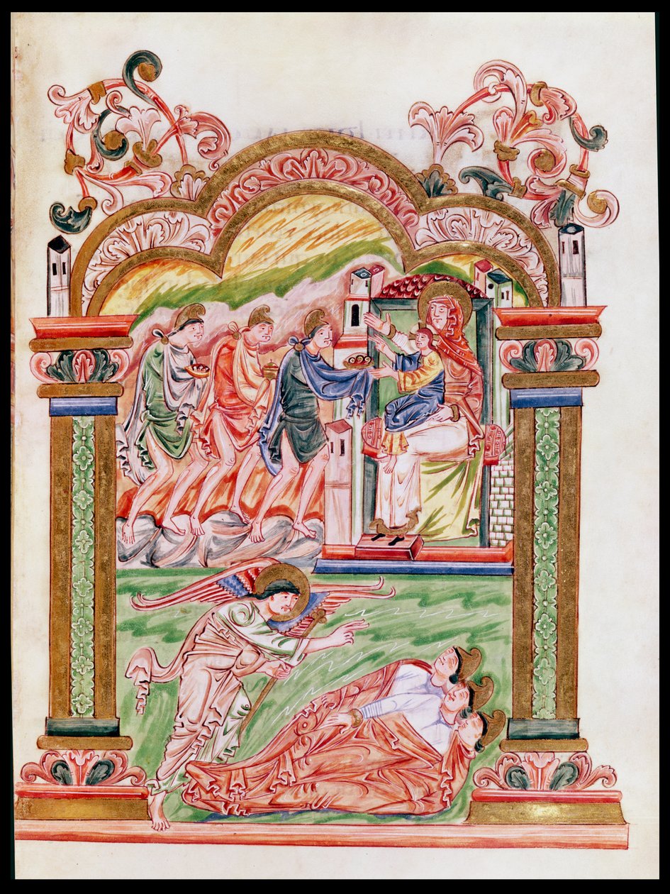 Ms 274 (Y-6) fol.37 Sen i adoracja Trzech Króli, z Mszału Roberta z Jumieges, c.1016 autorstwa English School