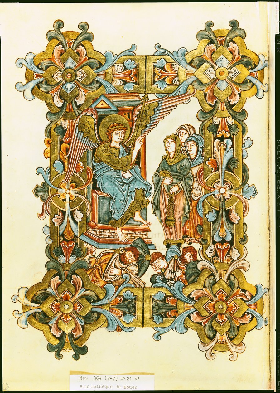 Ms 369 fol.21v Święte niewiasty przy grobie, od pontyfikatu Winchester, koniec X do początku XI wieku autorstwa English School