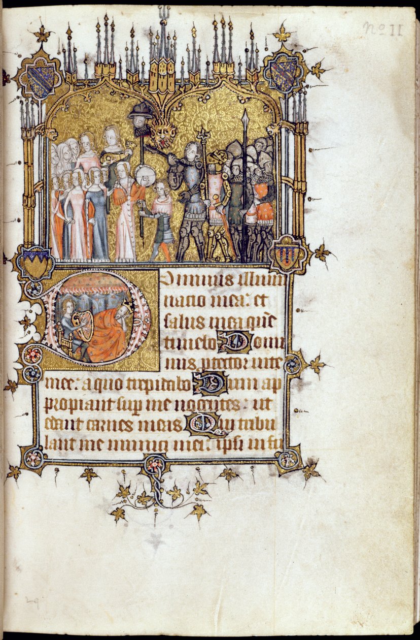Ms 38-1950, f.29r: Dawid na czele procesji niosącej głowę Goliata na włóczni, z Psałterza Bohuńskiego, ok. 1370 autorstwa English School